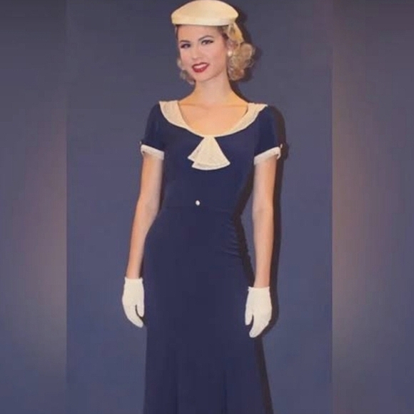 Stop Staring Raileen Navy & Cream 1940s Style Midi Dress Form Fitting Cap Sleeve - Picture 3 of 12
